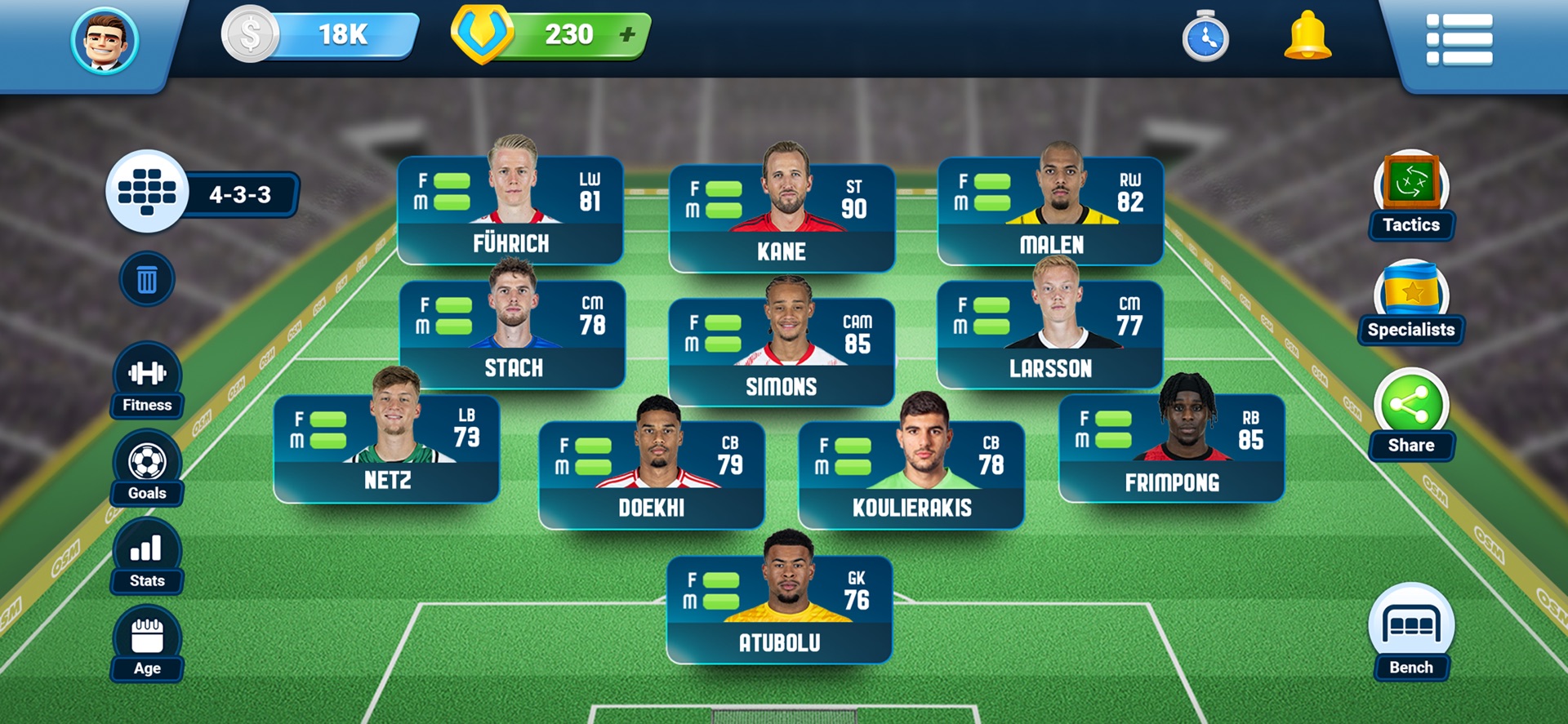 OSM diziliş ekranında 4-3-3 ilk on bir ve taktik, uzman kısayolları
