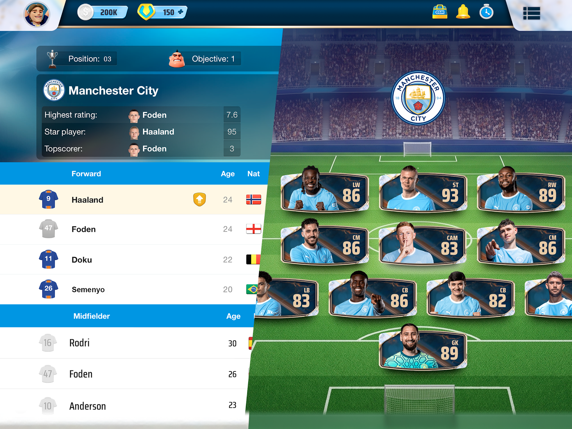 OSM kadro ekranı: Manchester City oyuncu listesi ve sahadaki diziliş