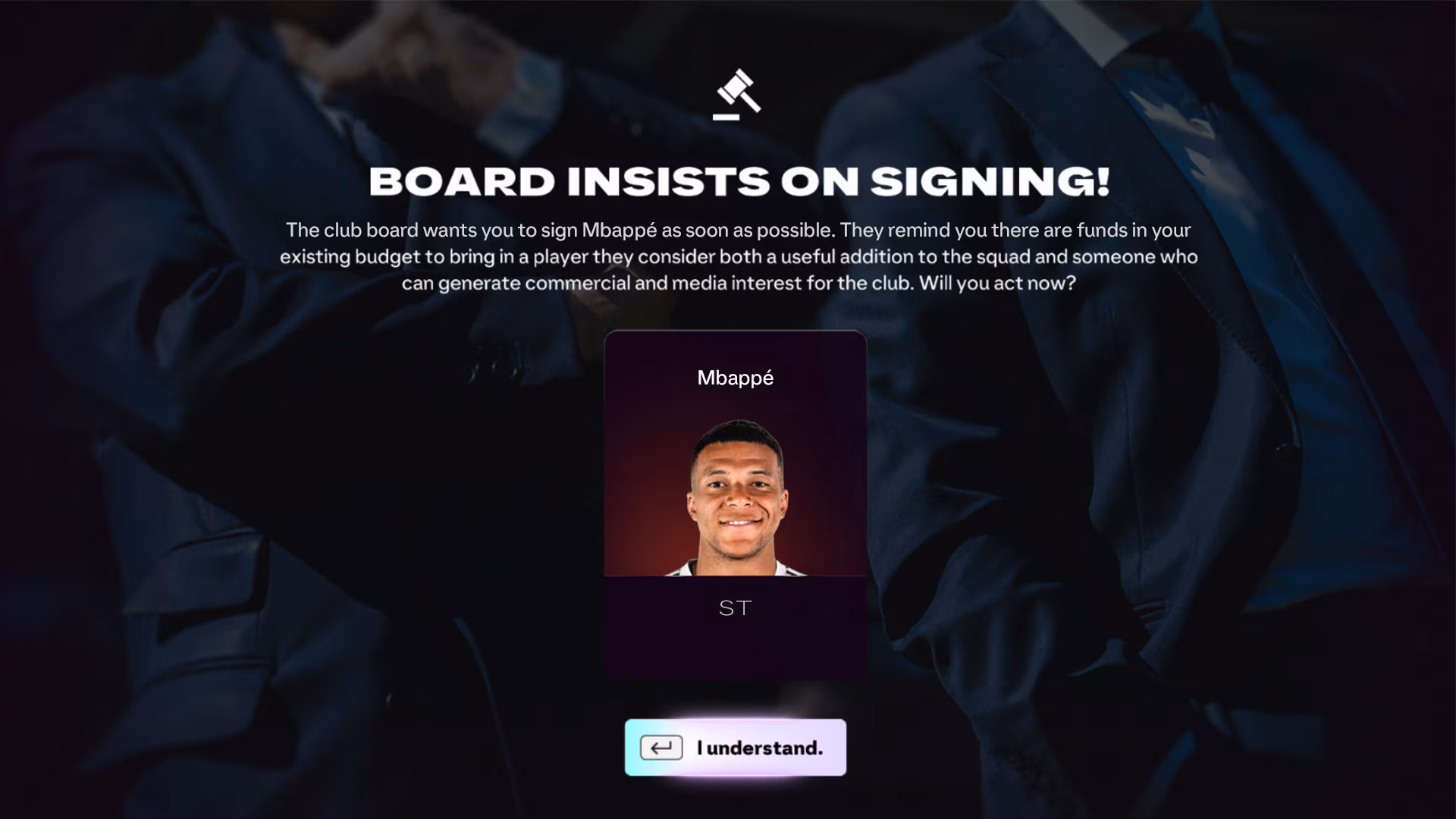 FC 27 Career Mode unexpected event screen where the board insists on a signing