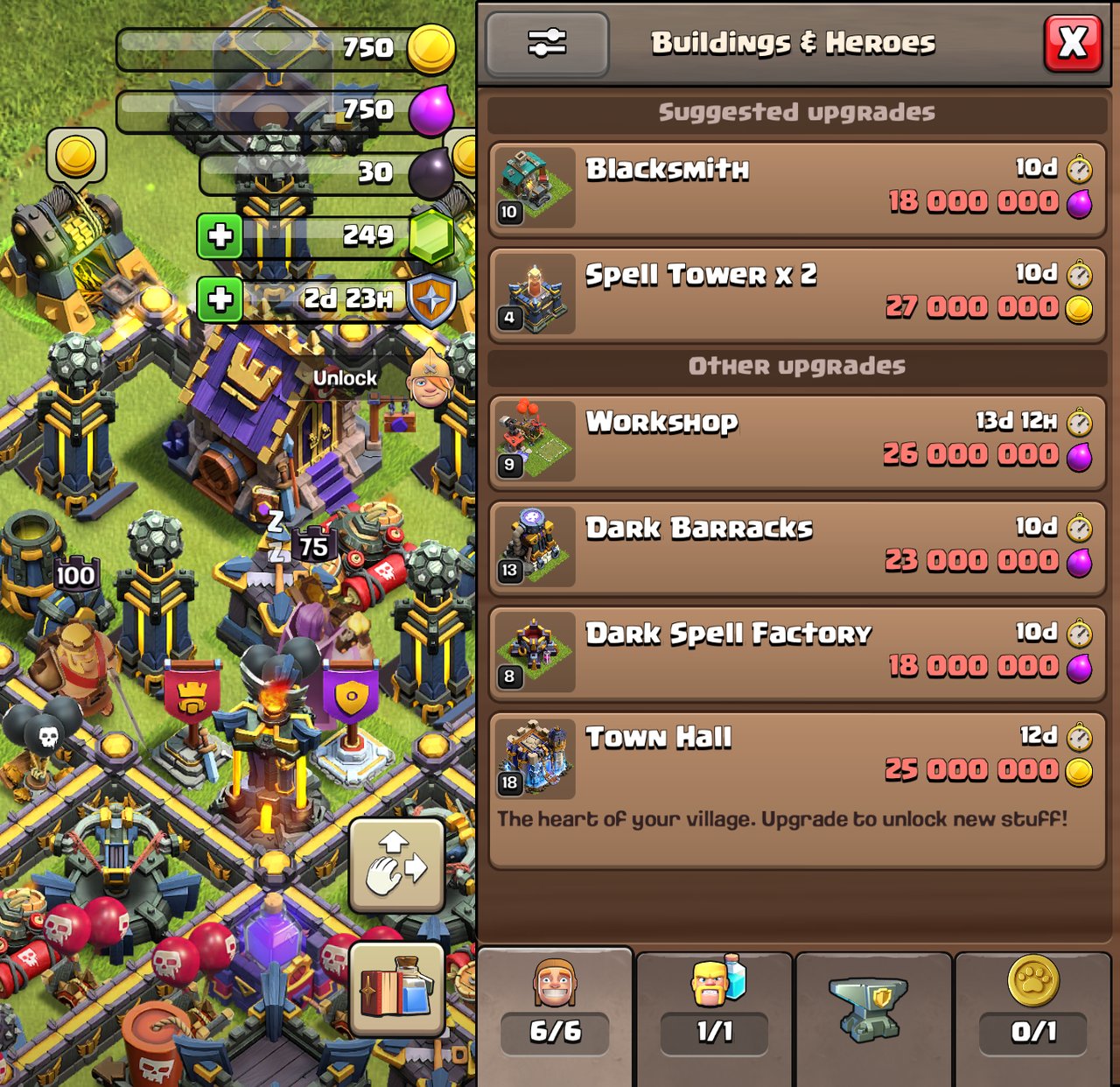 The upgrade list and tabs in the new Clash of Clans Build menu