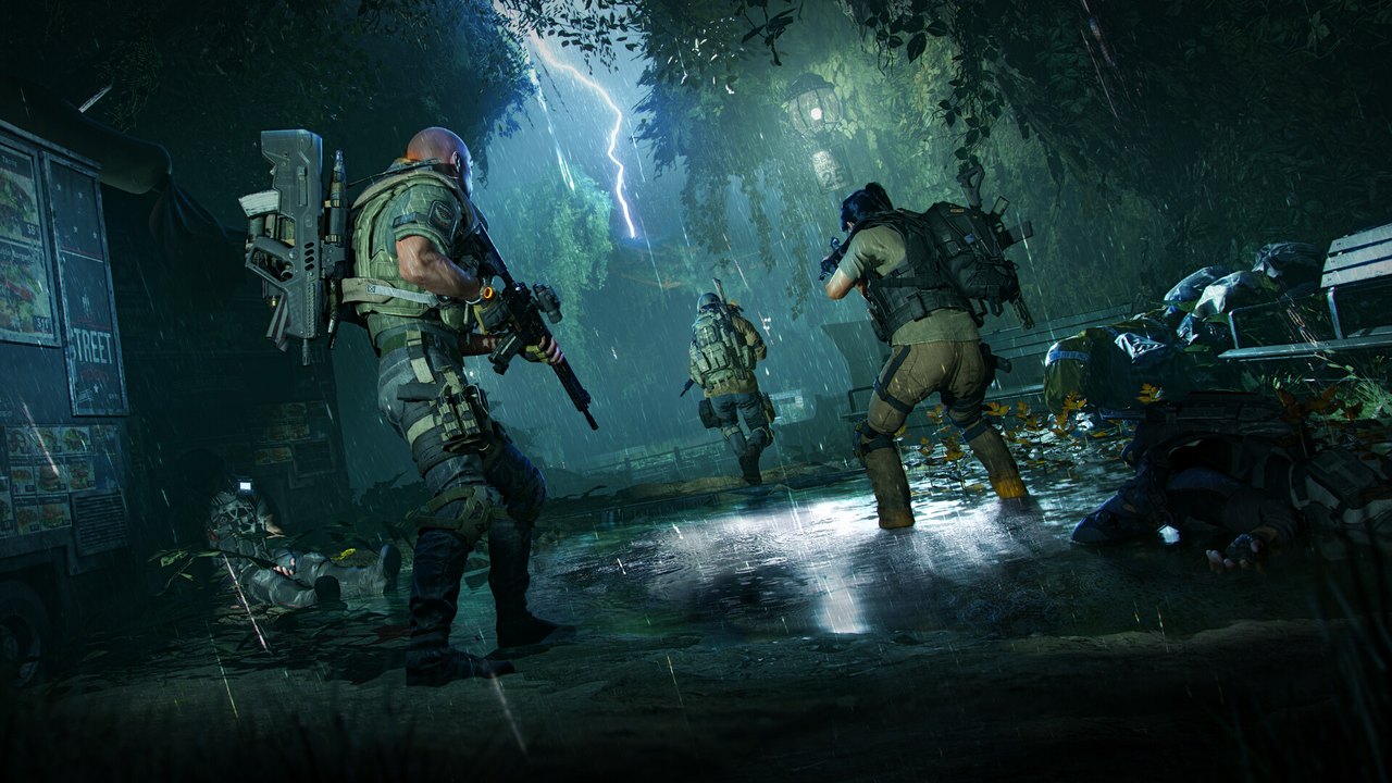The Division 2 Echoes of Central Park'ta bitki örtüsüyle kaplı bir parkta ilerleyen ajan ekibi