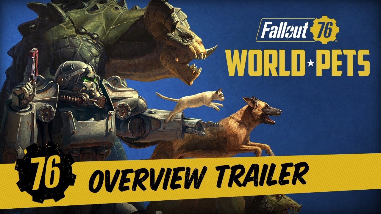Fallout 76 World Pets görseli: zırhlı oyuncu, Deathclaw, kedi ve köpek