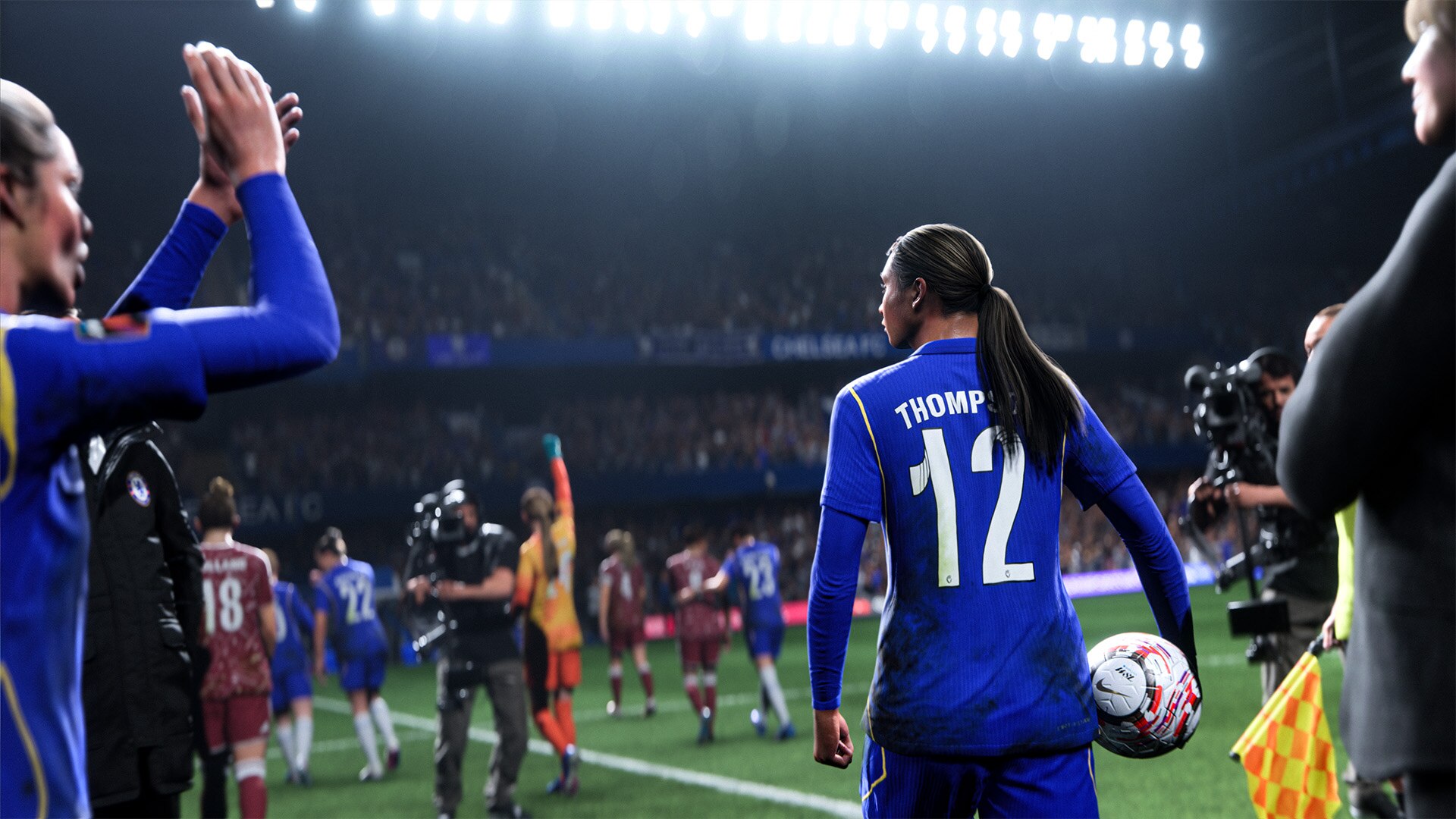 FC 27 Career Mode guide art showing a female player walking onto the pitch