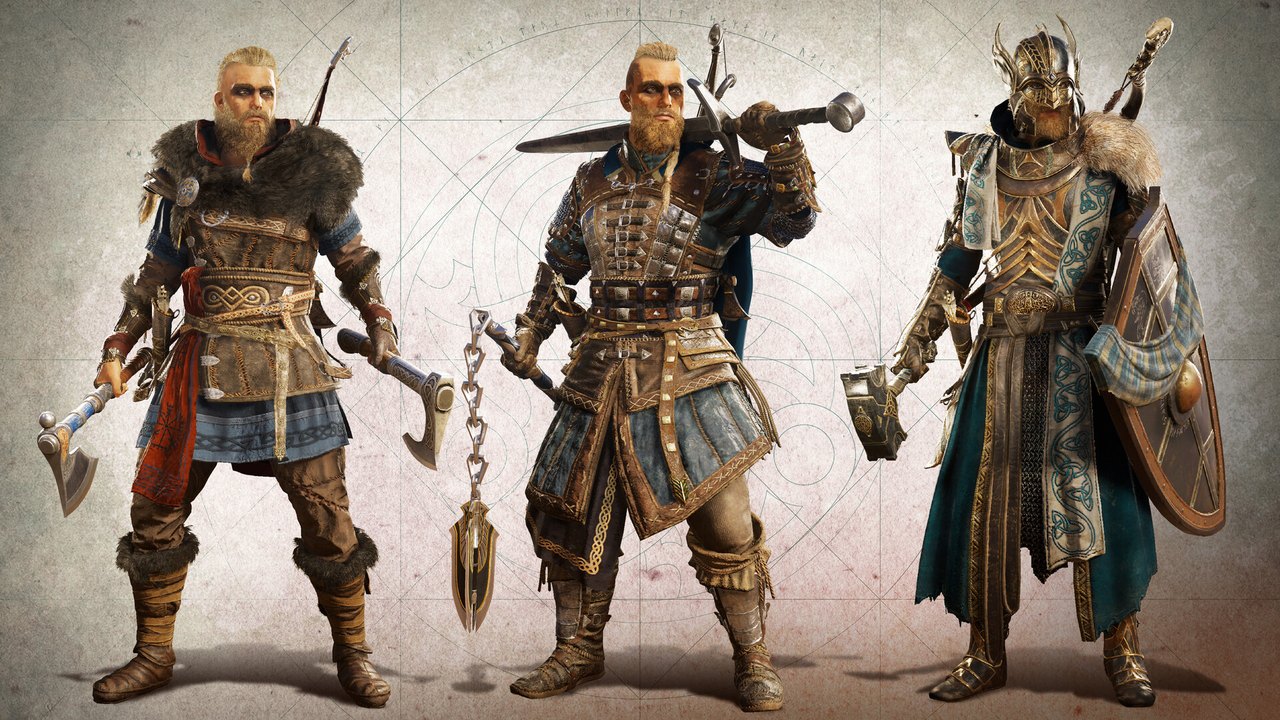 Assassin's Creed Valhalla'da farklı zırh ve silahlarla yan yana duran üç Viking savaşçısı