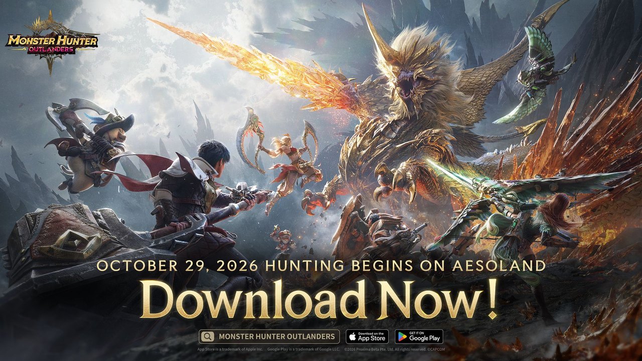 Official Monster Hunter Outlanders launch artwork showing hunters and monsters for the October 29 release