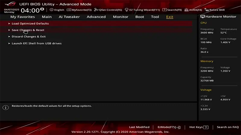 UEFI BIOS'un Exit sekmesinde Save Changes & Reset seçeneği