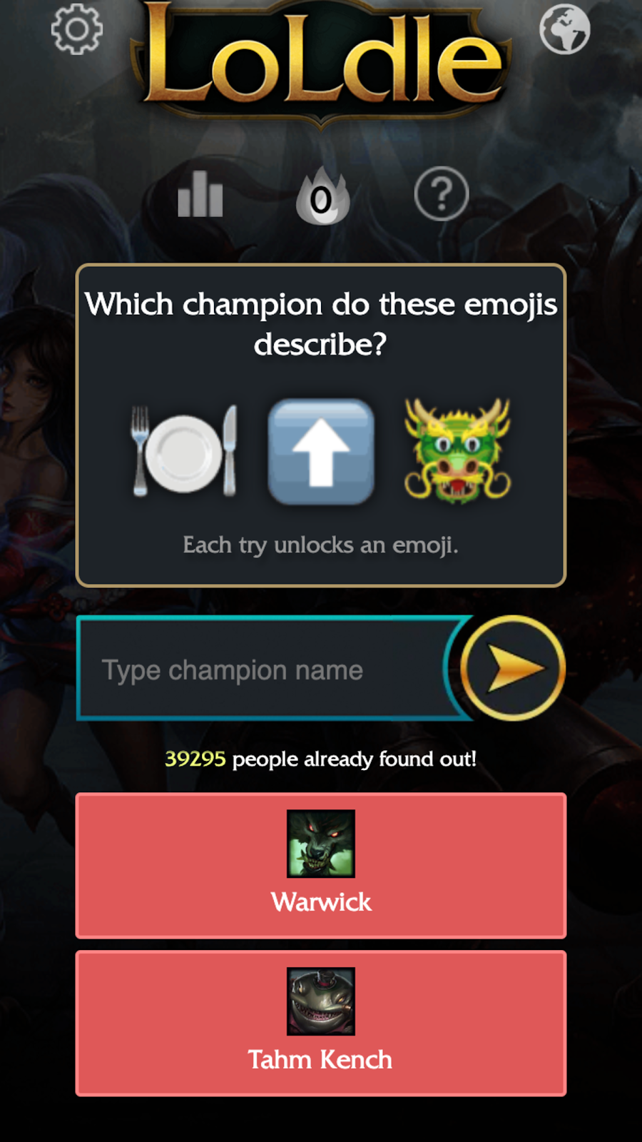 Loldle Emoji modunda tahmin ekranı