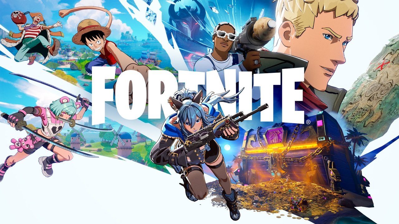 Fortnite logosu çevresinde Luffy, Jonesy ve korsan temalı karakterler