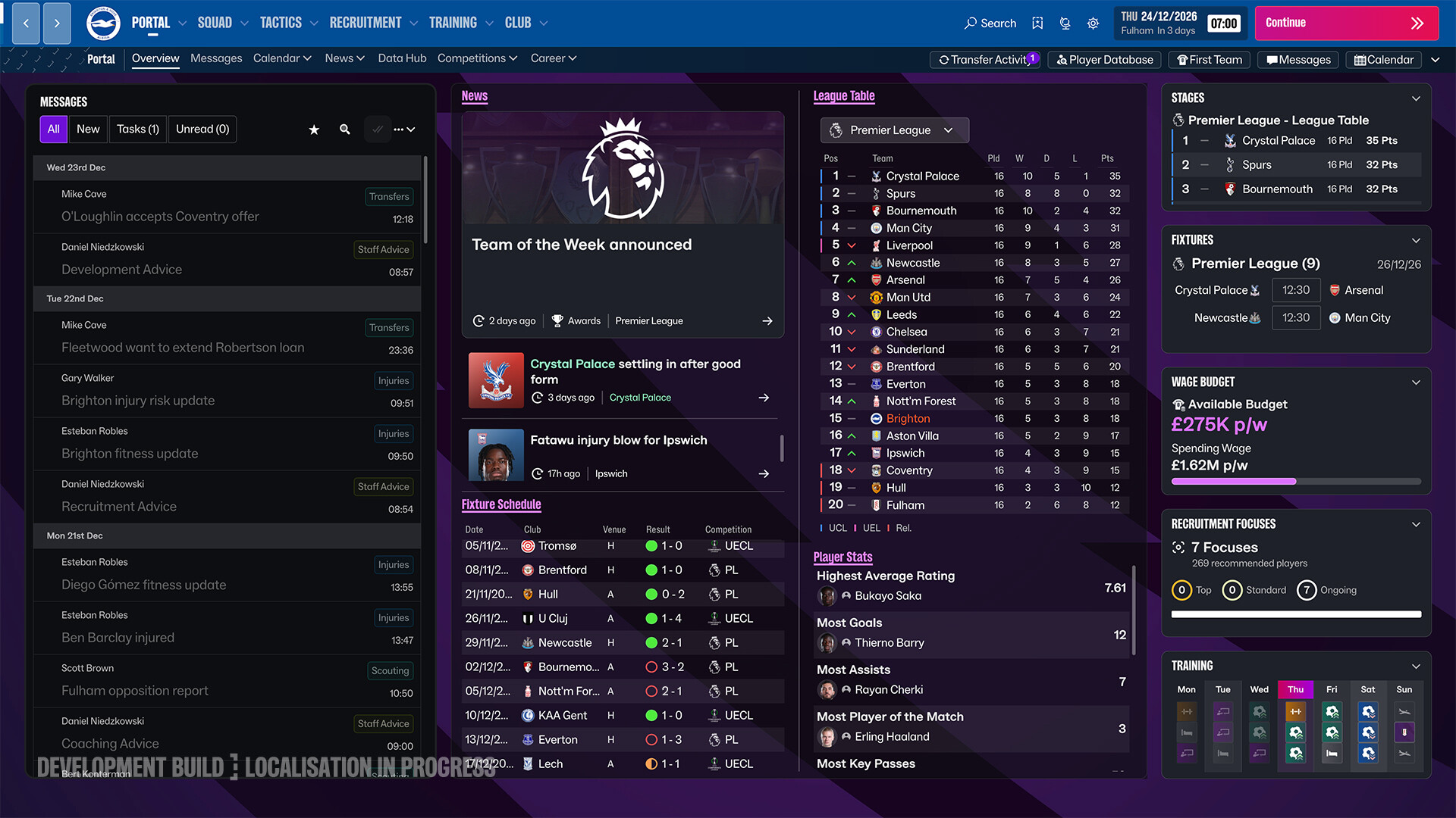 FM 27 Portal ekranı: mesajlar, haberler, lig tablosu ve fikstür
