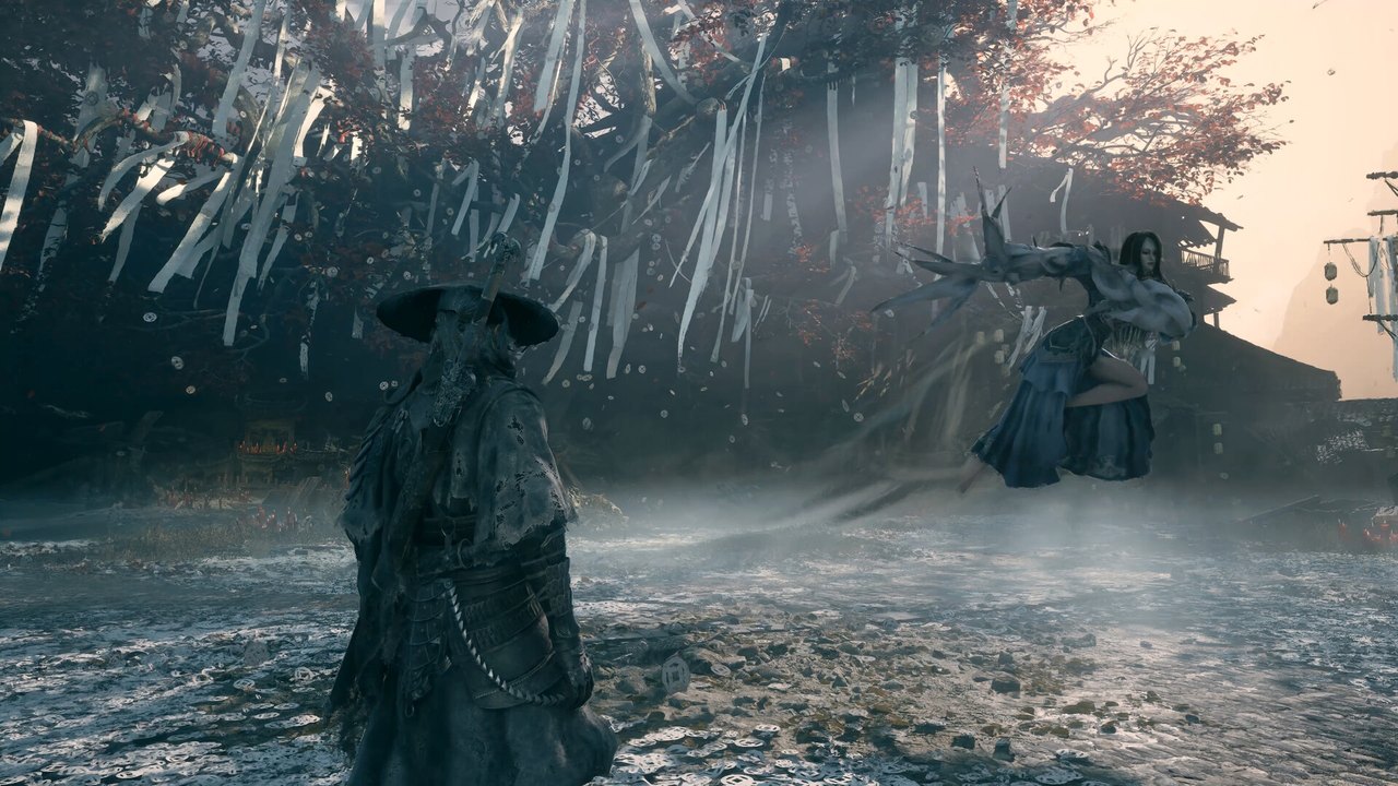 Phantom Blade Zero'da yağmurlu bir avluda hasır şapkalı bir düşmanla karşı karşıya gelen Soul
