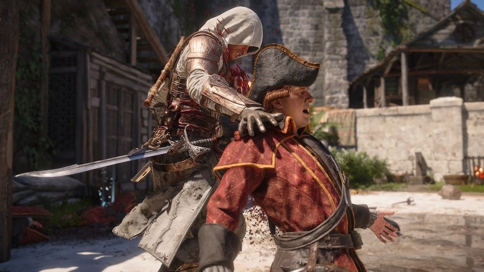 Edward Kenway'in kırmızı ceketli bir askere kılıçla infaz hareketi yaptığı sahne