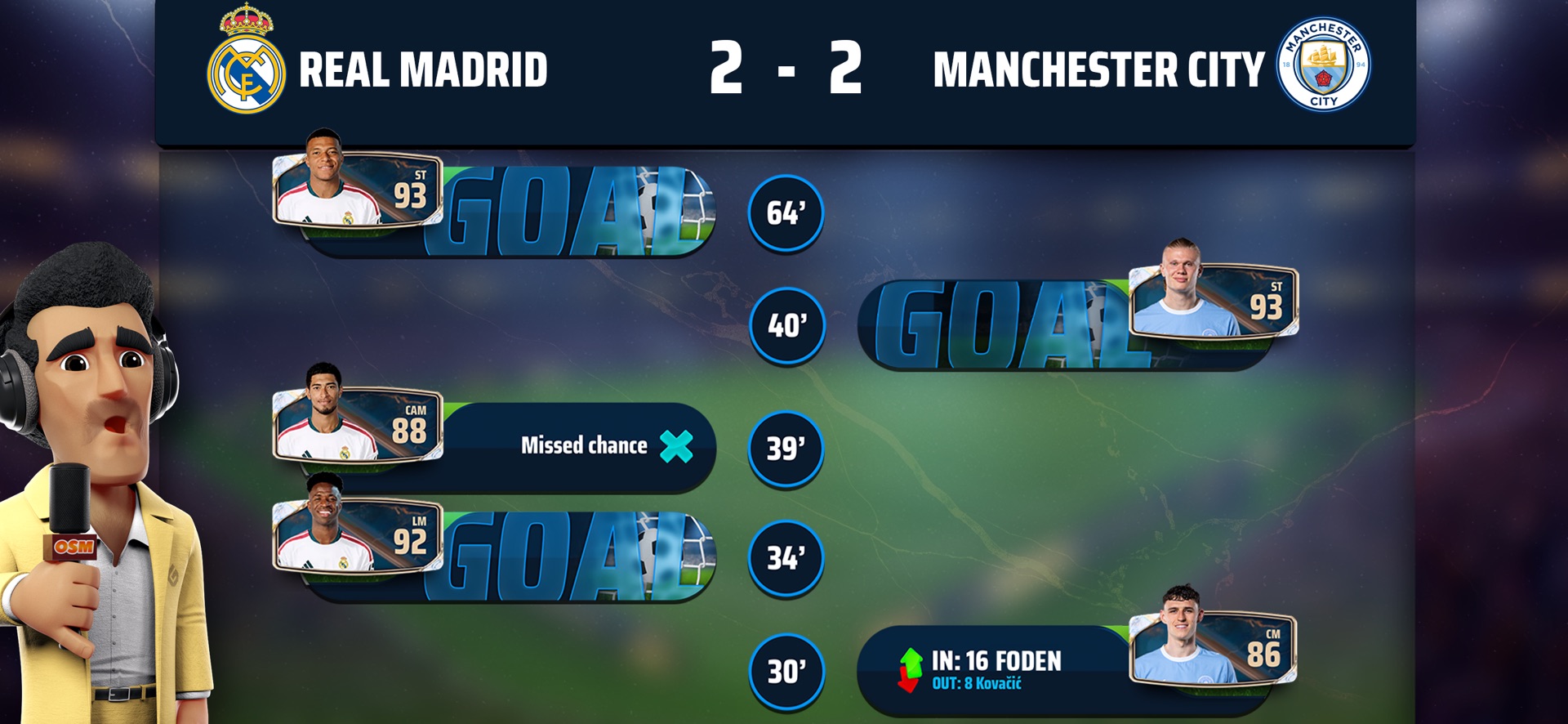 OSM maç ekranında Real Madrid–Manchester City maçının gol ve oyuncu değişikliği akışı