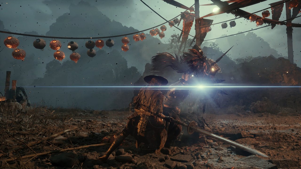 A sword clash in a courtyard decorated with red lanterns in Phantom Blade Zero