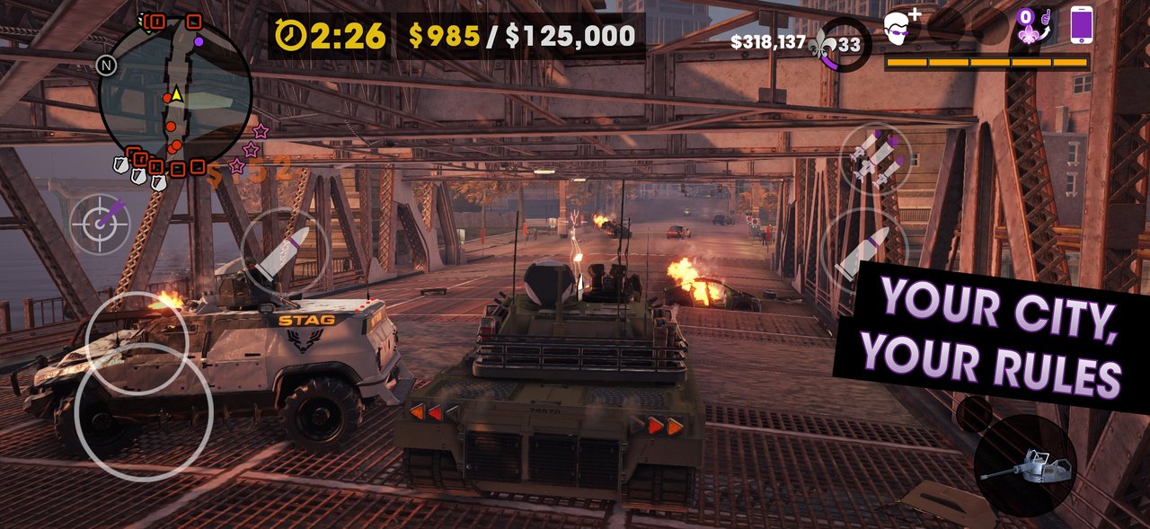 Driving a tank through the city in the iOS version of Saints Row: The Third Remastered