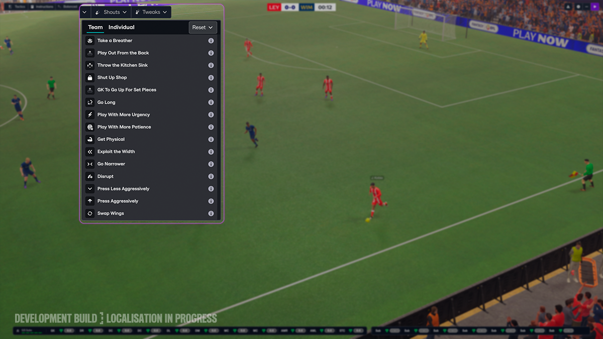 FM 27 maç sırasında açılan Taktiksel Düzenlemeler (Tactical Tweaks) menüsü