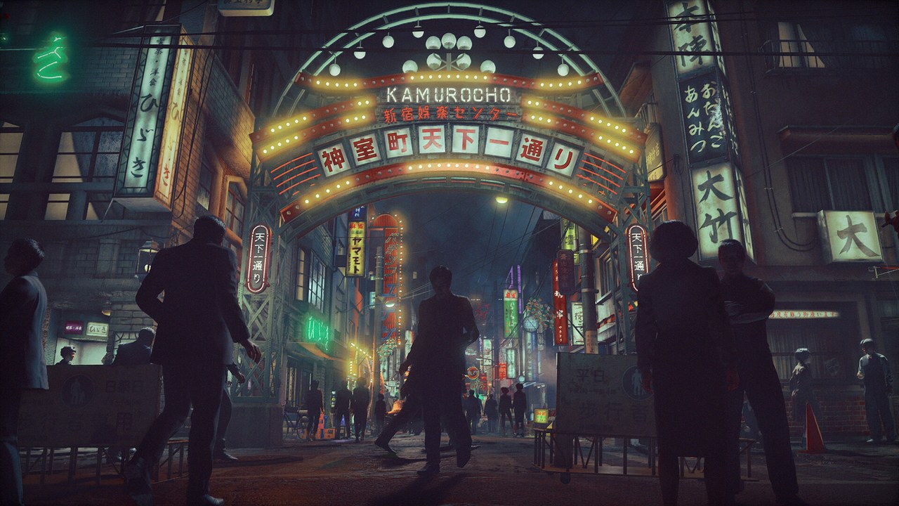 Characters walking under neon lights at the entrance to Kamurocho in Stranger Than Heaven