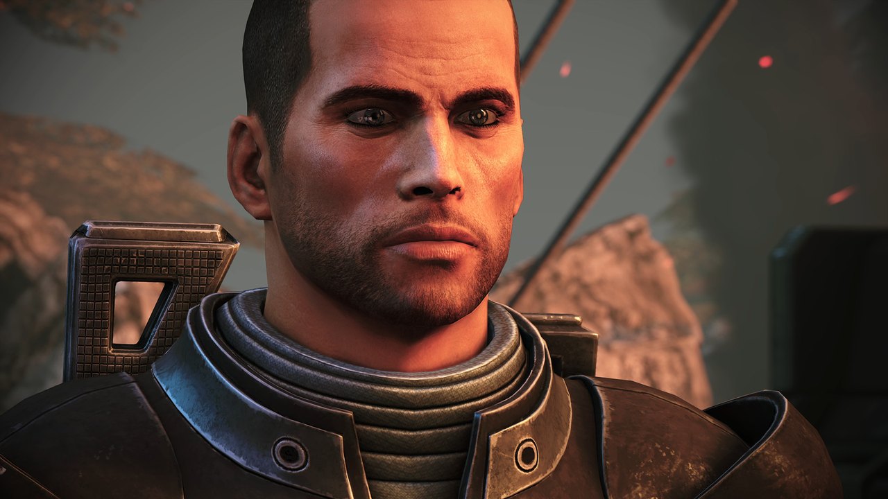 Close-up of the armoured male Commander Shepard in Mass Effect Legendary Edition