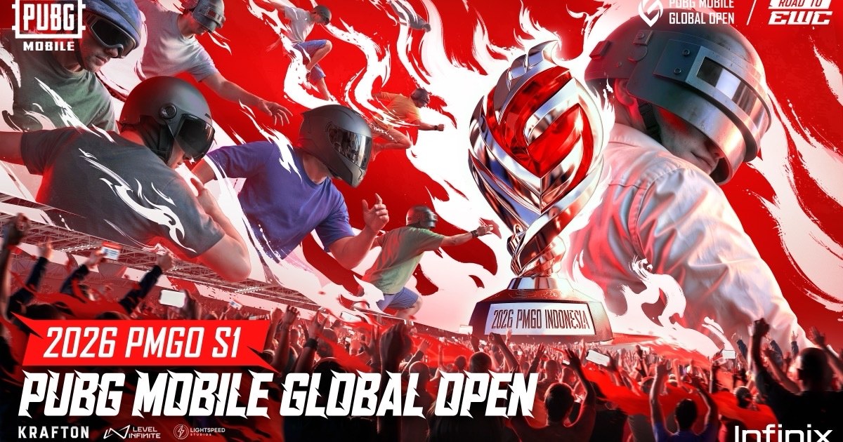 Official PUBG MOBILE Global Open promo art with PUBG MOBILE characters and the trophy on a red background