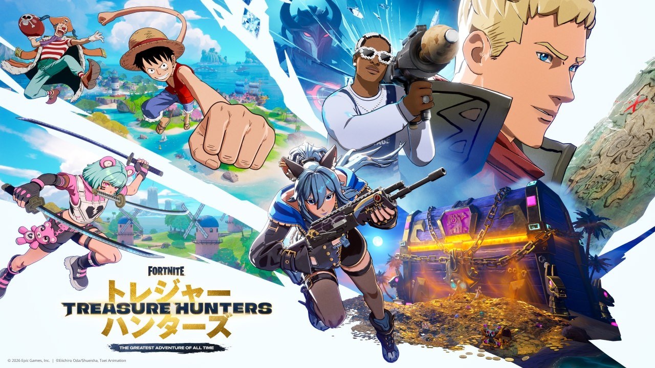 Japonca Treasure Hunters logosu ile Luffy ve Fortnite karakterleri