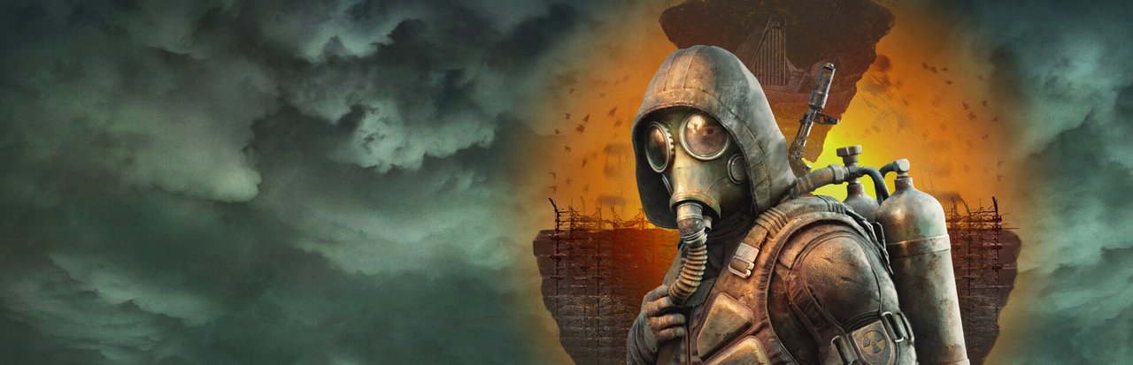 Fırtınalı gökyüzü önünde gaz maskeli bir stalker