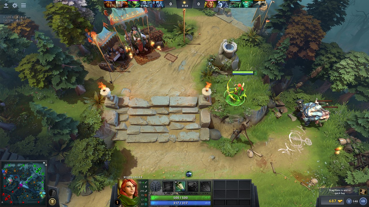 Dota 2'de kuleler ve kahramanların bulunduğu bir koridor görünümü