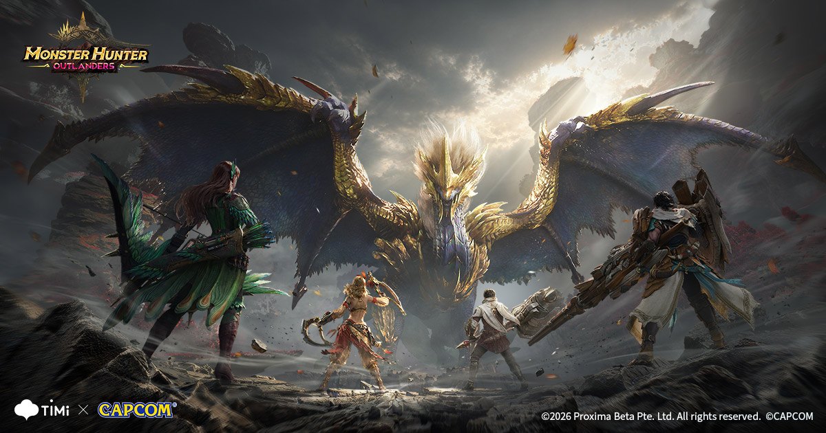 Official Monster Hunter Outlanders key art with the logo and hunters facing a glowing Elder Dragon