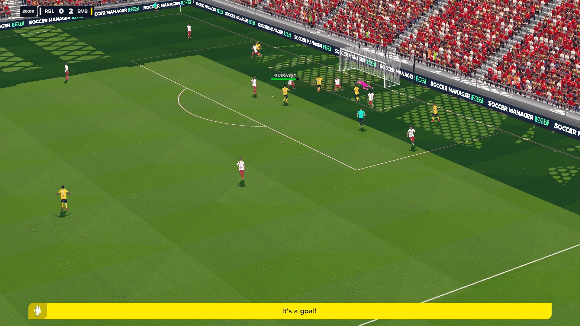 Soccer Manager 2027 maç motorunda geniş açı saha görünümü