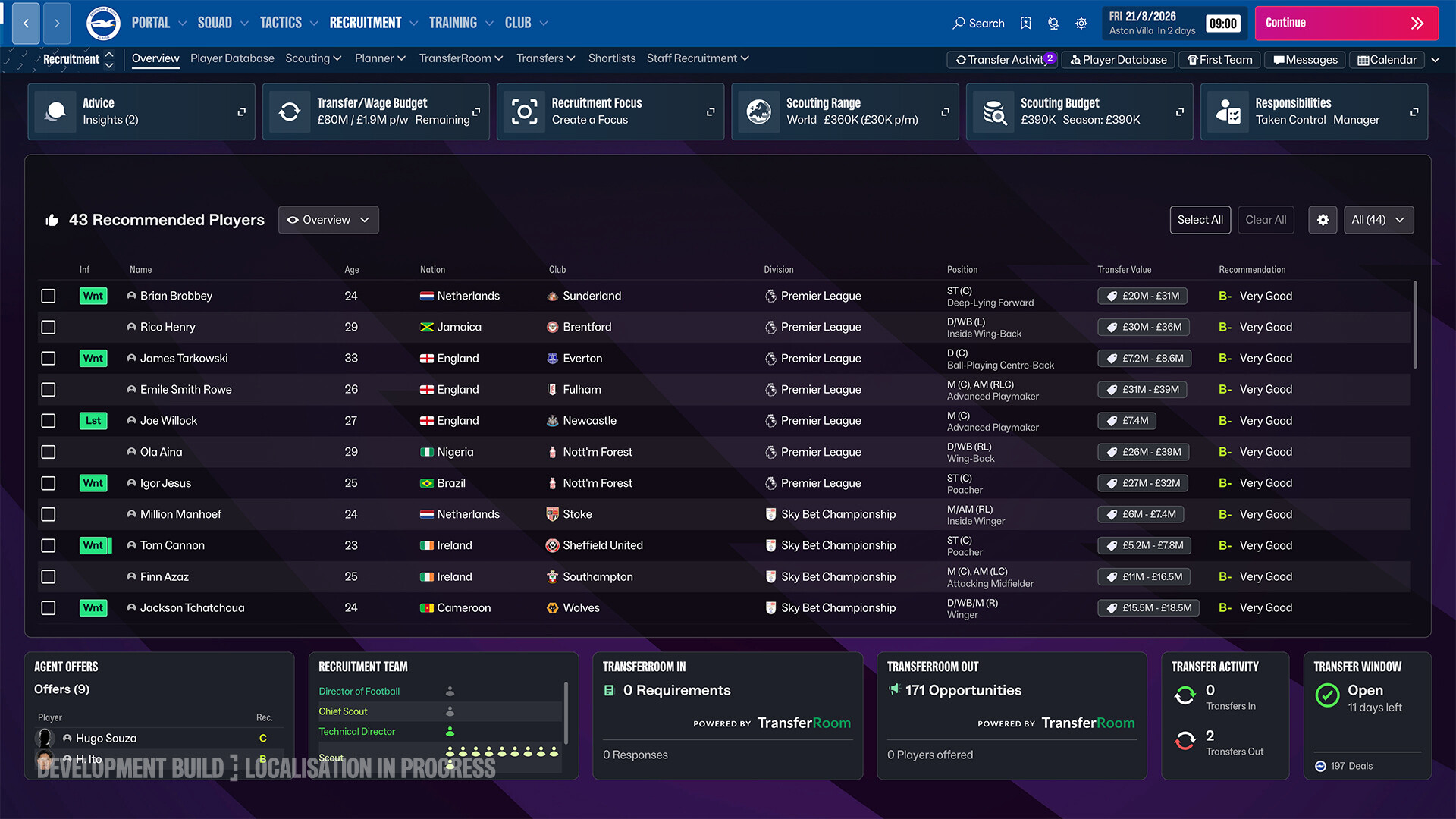 FM 27 Transfer (Recruitment) ekranında önerilen oyuncular listesi ve transfer bütçesi