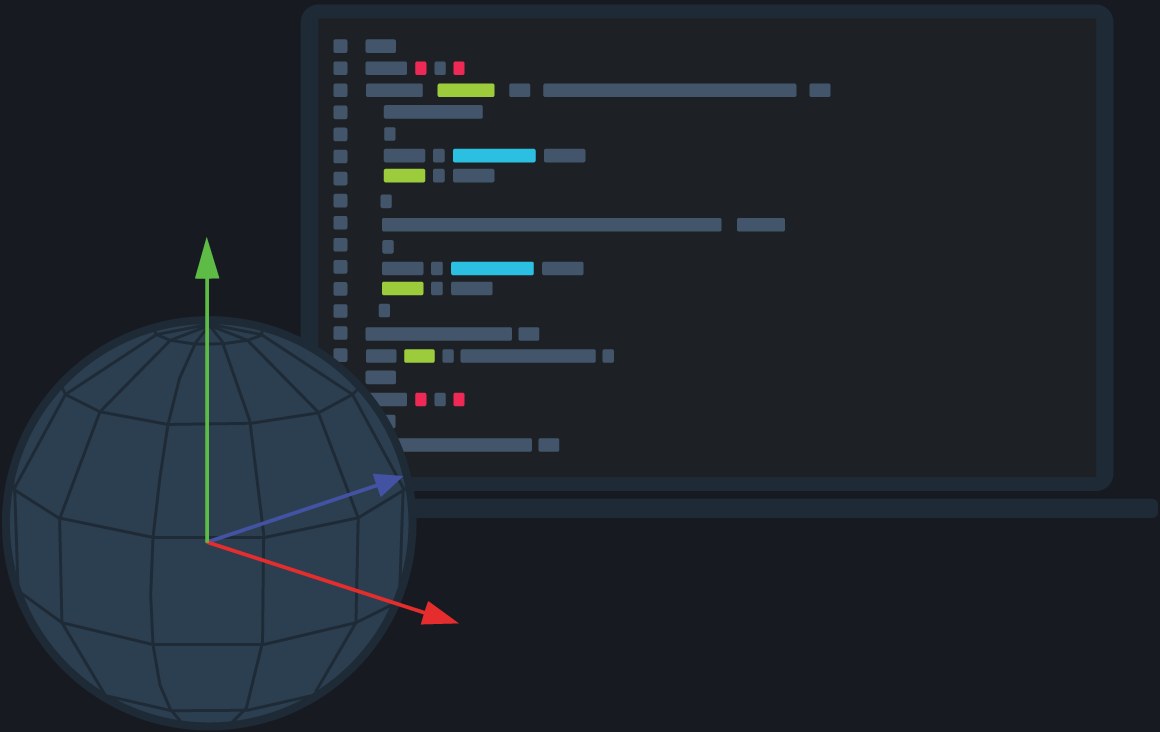 Steamworks developer tools illustration showing a laptop with lines of code and a sphere with three axes