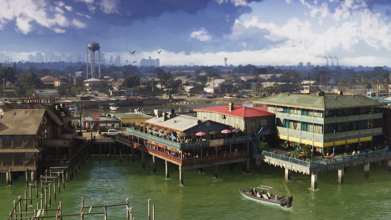 GTA 6'nın Grassrivers bölgesinde su üstüne kurulmuş ahşap yapılar ve bir tekne