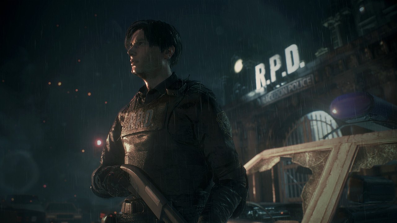Leon standing in the rain outside the Raccoon City Police Department in Resident Evil 2