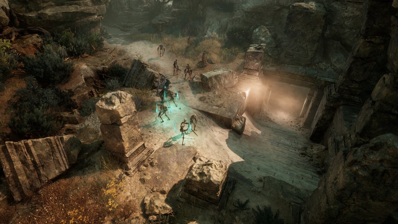 A hero fighting enemies in a rocky valley in Titan Quest II