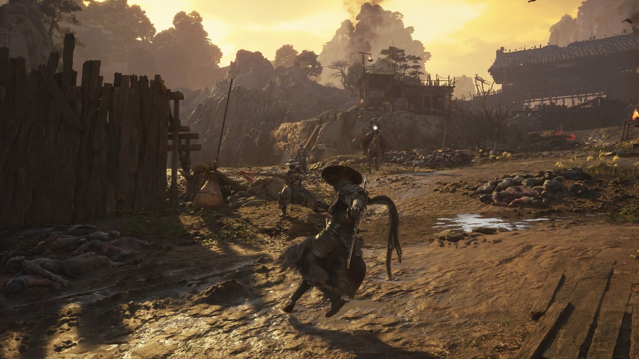 Phantom Blade Zero'da gün batımında harap bir köyde düşmanlara karşı savaşan Soul