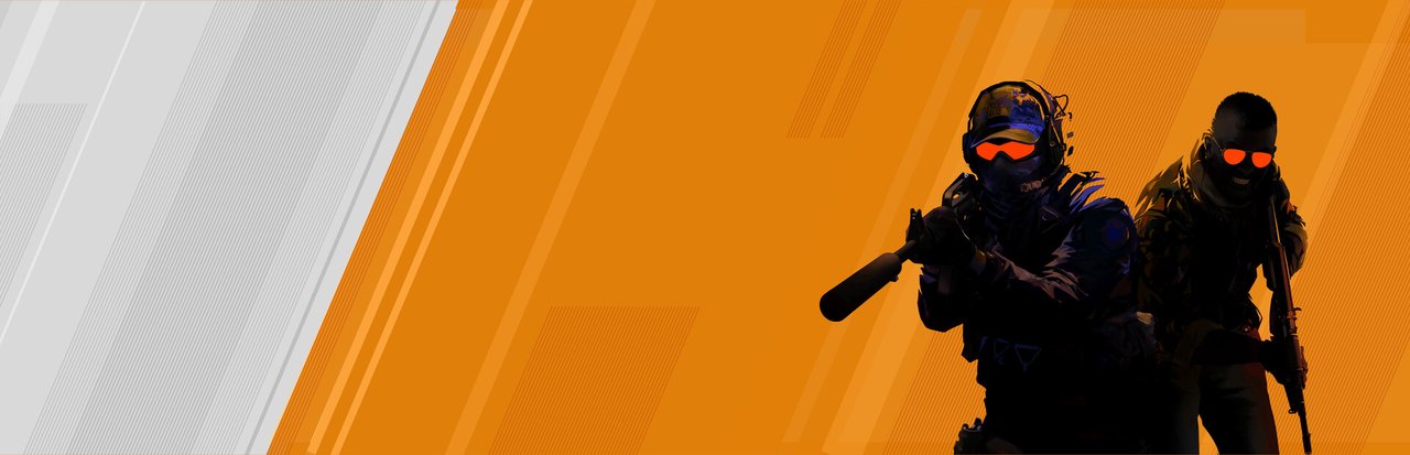 Turuncu ve beyaz zemin üzerinde silahlı iki Counter-Strike 2 karakteri