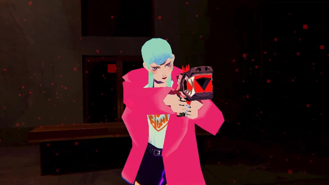 Michelle in a pink jacket aiming a gun in a dark room in Sorry We're Closed