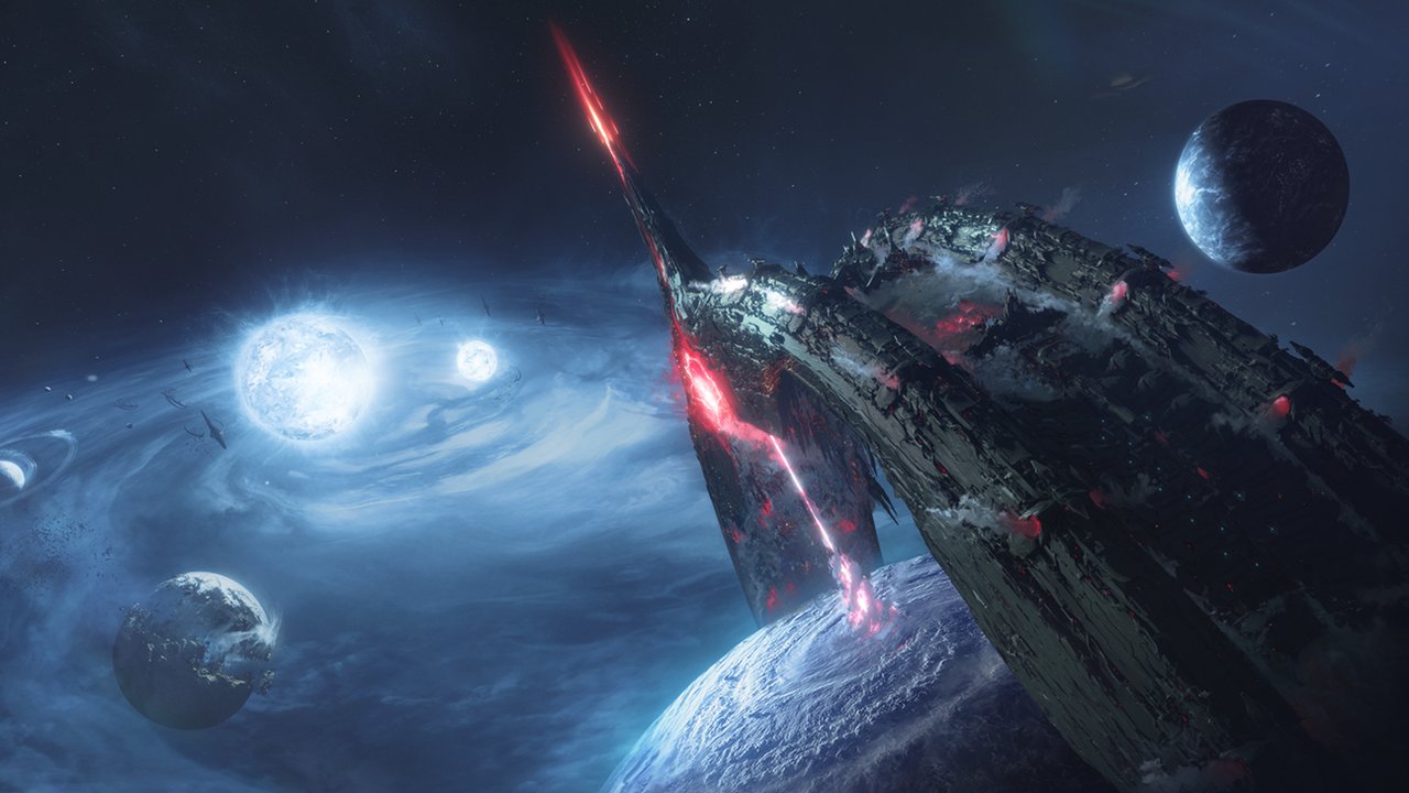 A ship approaching the Tau star system in Warframe