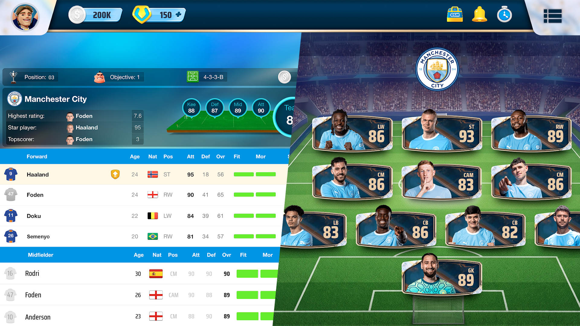 OSM kadro ekranı: Manchester City oyuncu listesi ve sahadaki diziliş