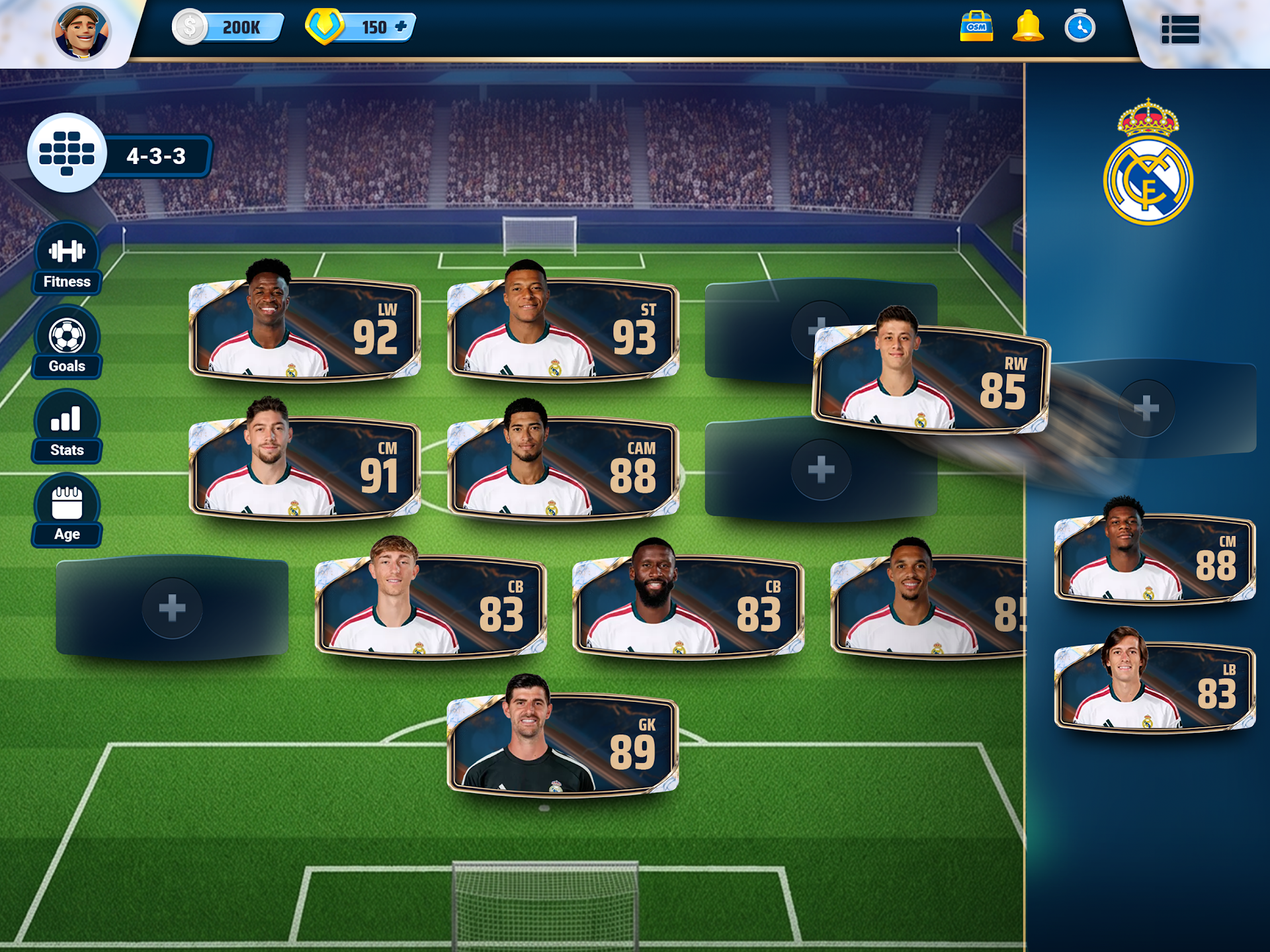 OSM diziliş ekranında 4-3-3 ile dizilmiş Real Madrid ilk on biri