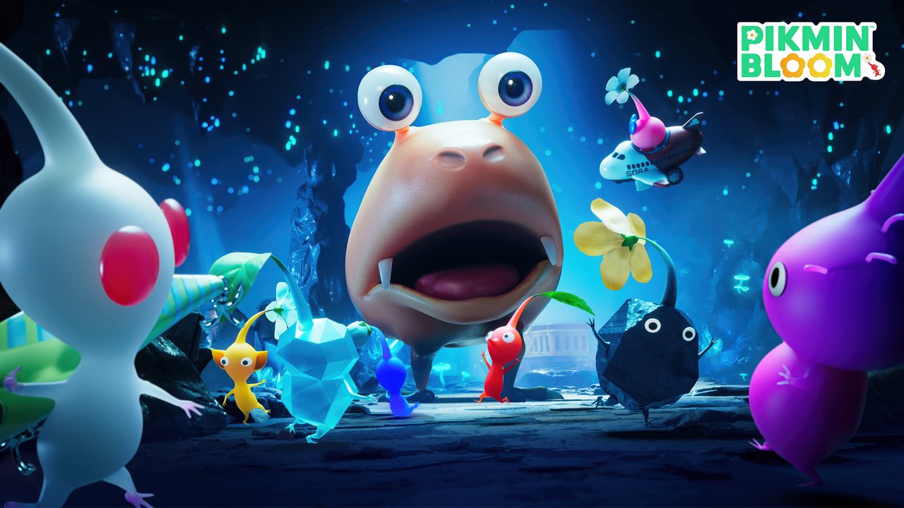 Pikmin Bloom Secret Caves görselinde mağarada bir yaratığa karşı Pikmin ordusu