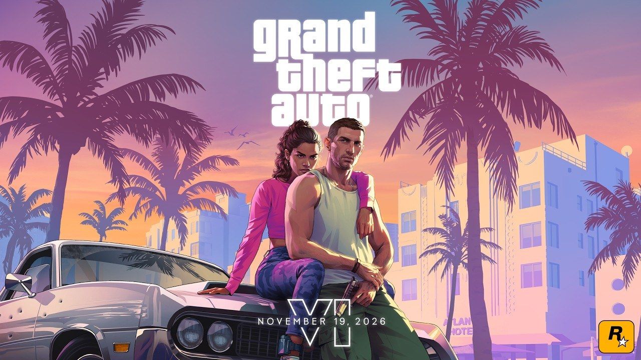 GTA VI resmi görseli: Lucia ve Jason palmiyeler arasında arabanın kaputunda oturuyor