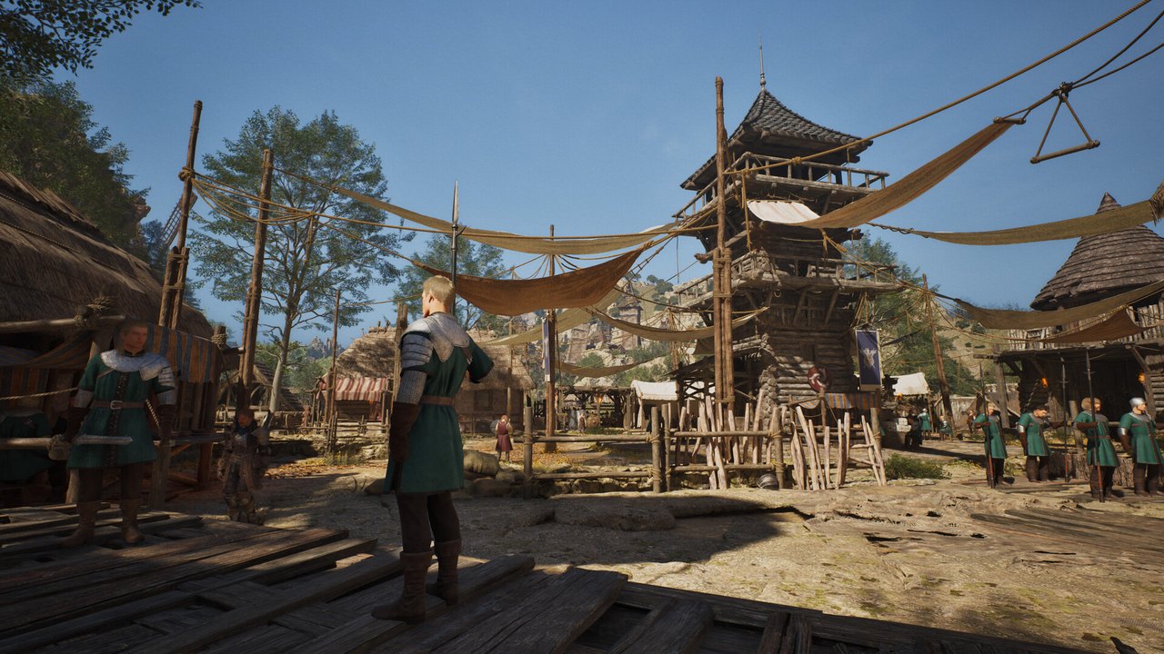 ArcheAge Chronicles'ta ahşap yapılarla dolu kalabalık bir kasaba meydanı