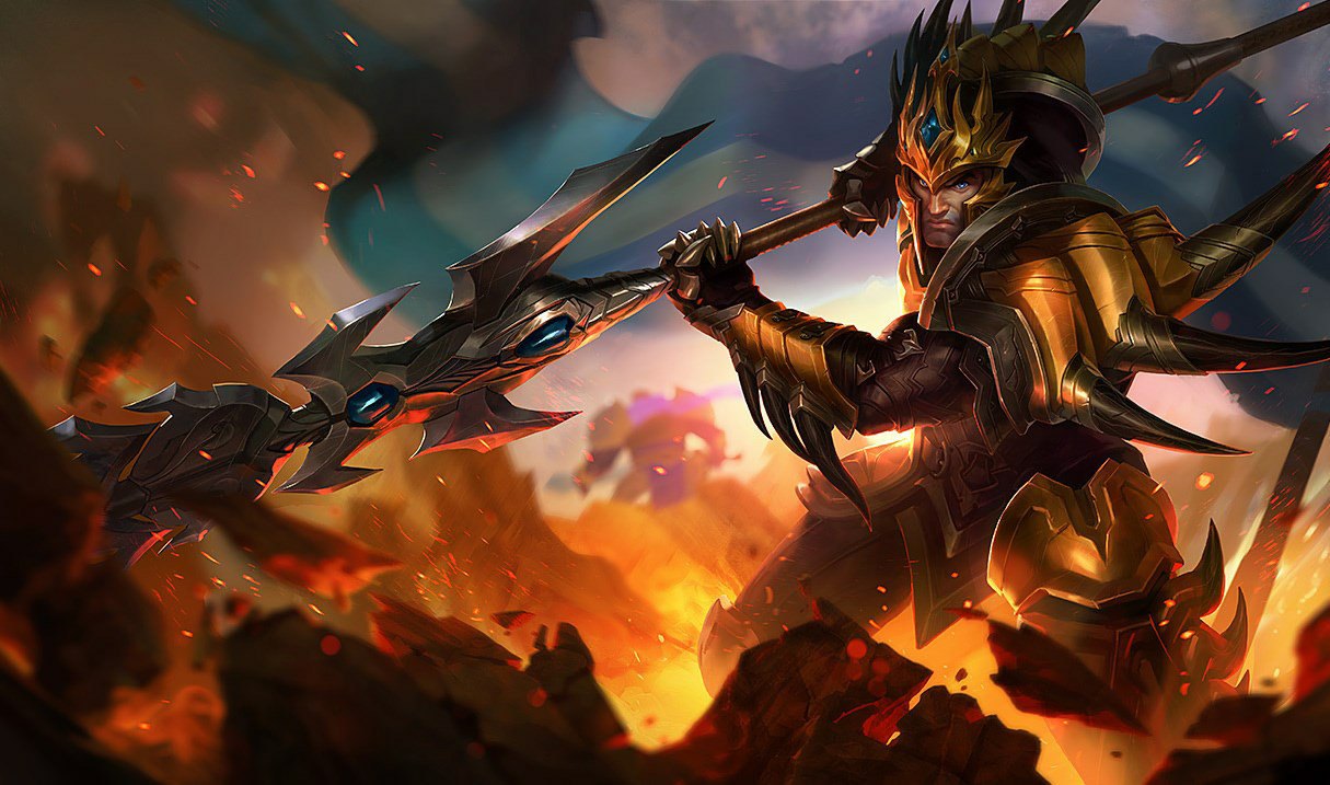 League of Legends'ta Jarvan IV'ün mızrağı ve sancağıyla savaş alanında görüldüğü klasik tanıtım çizimi