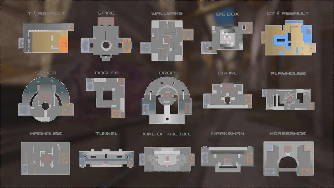 Top-down layout drawings of Counter-Strike 2 maps