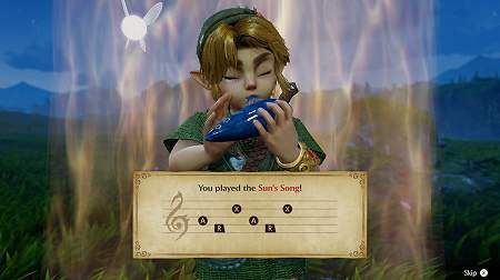 Link playing the ocarina with a note sequence on screen in Ocarina of Time on Switch 2