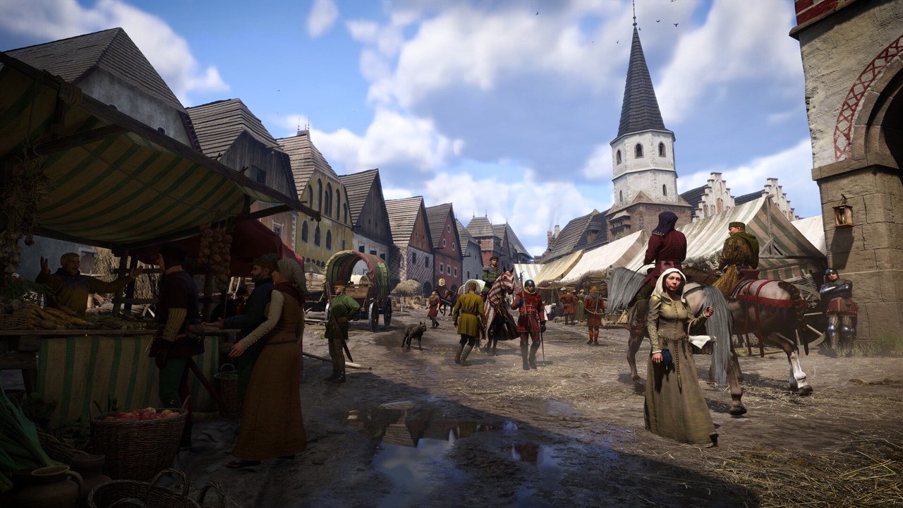 A busy medieval town market under a church spire in Kingdom Come: Deliverance II