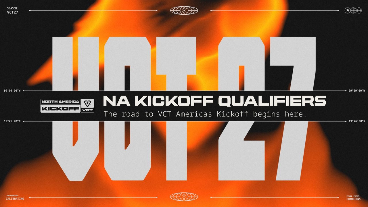 VCT 2027 Kuzey Amerika Kickoff elemeleri için hazırlanan turuncu alevli resmi tanıtım görseli