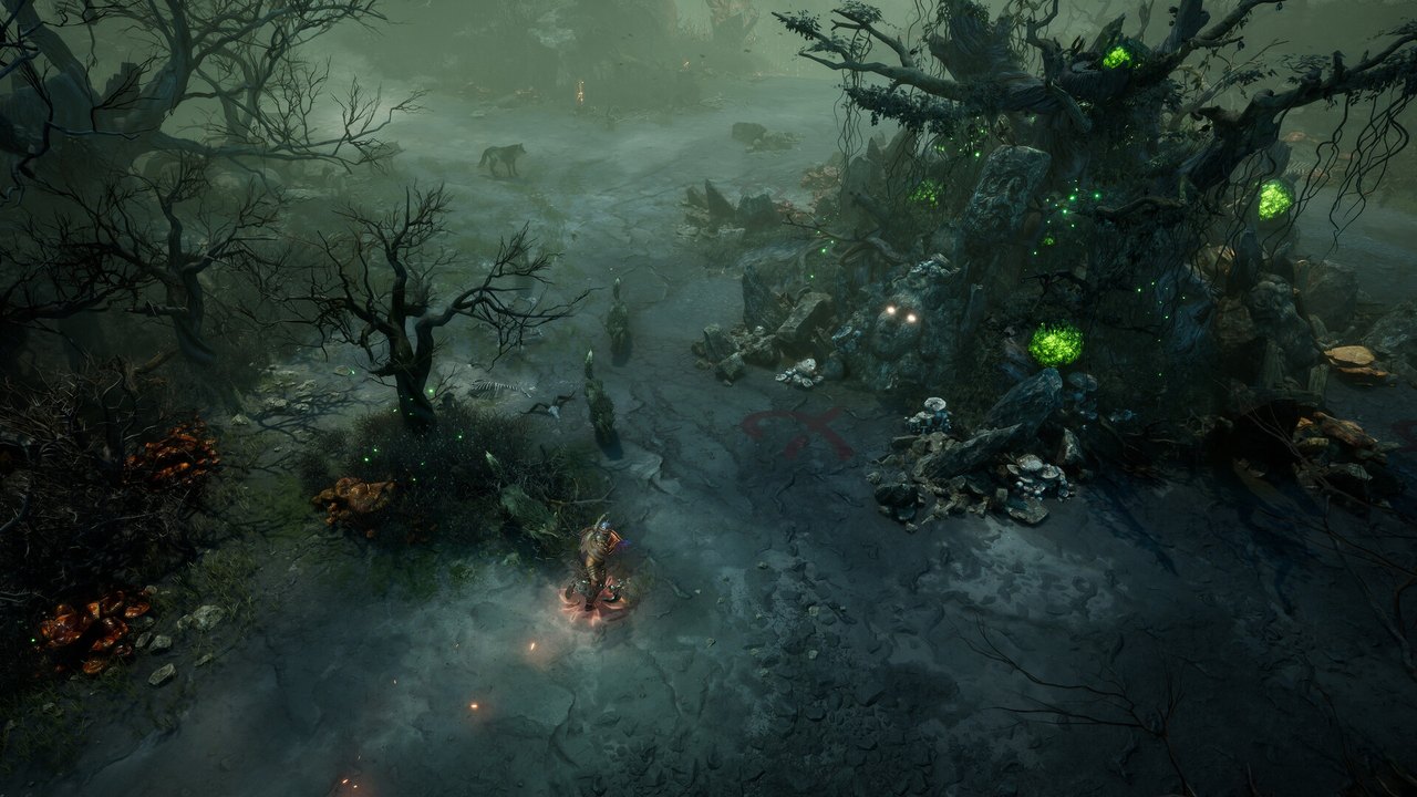 A dark, misty forest lit by green lights in Titan Quest II