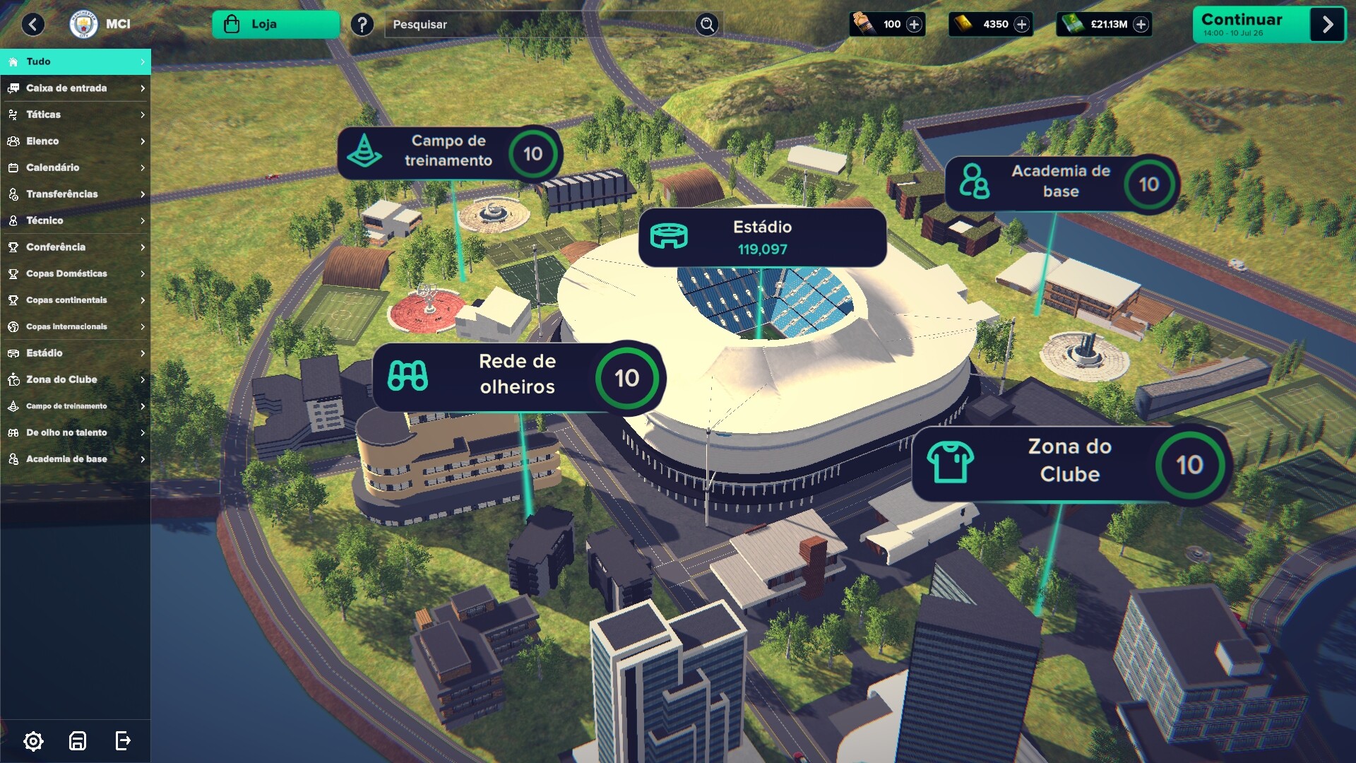 Soccer Manager 2027 kulüp tesisleri ekranı: stadyum, antrenman sahası, altyapı