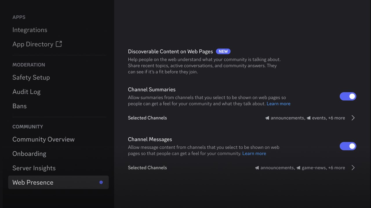 Discord sunucu ayarlarındaki Web Presence bölümünde kanal bazlı web görünürlüğü seçenekleri