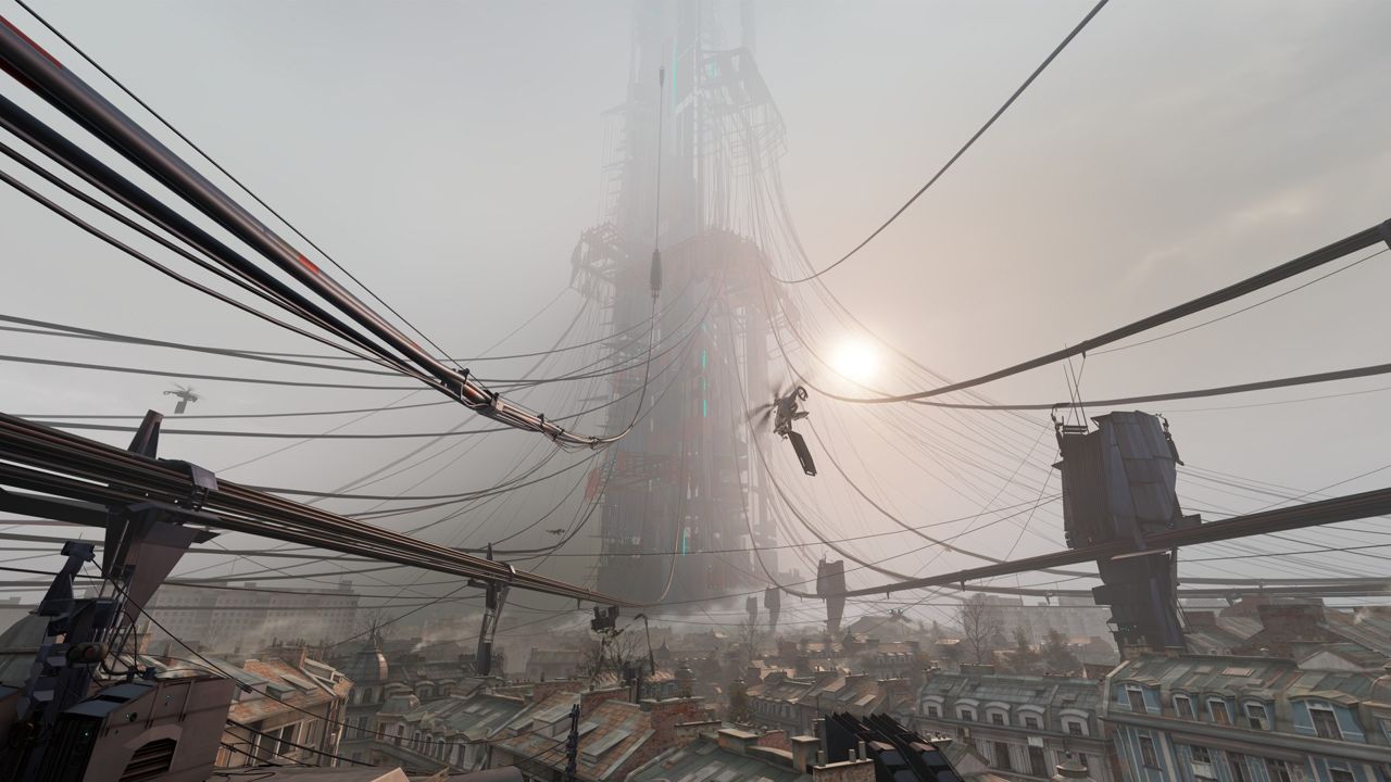 Half-Life: Alyx ekran görüntüsü: sisli City 17 üzerinde yükselen Citadel